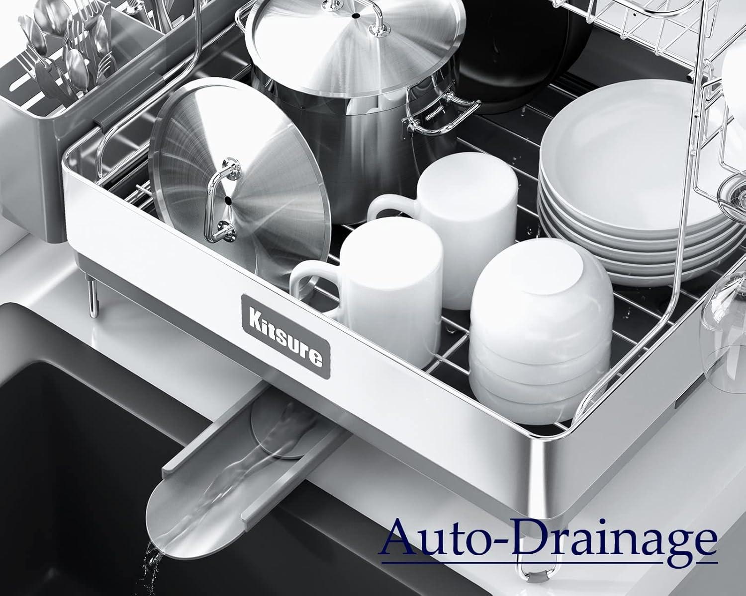 imageKitsure 2Tier Dish Rack Large Capacity Stainless Steel Dish Drying Rack with Drainboard Multifunctional Kitchen Dish Rack for Dishware