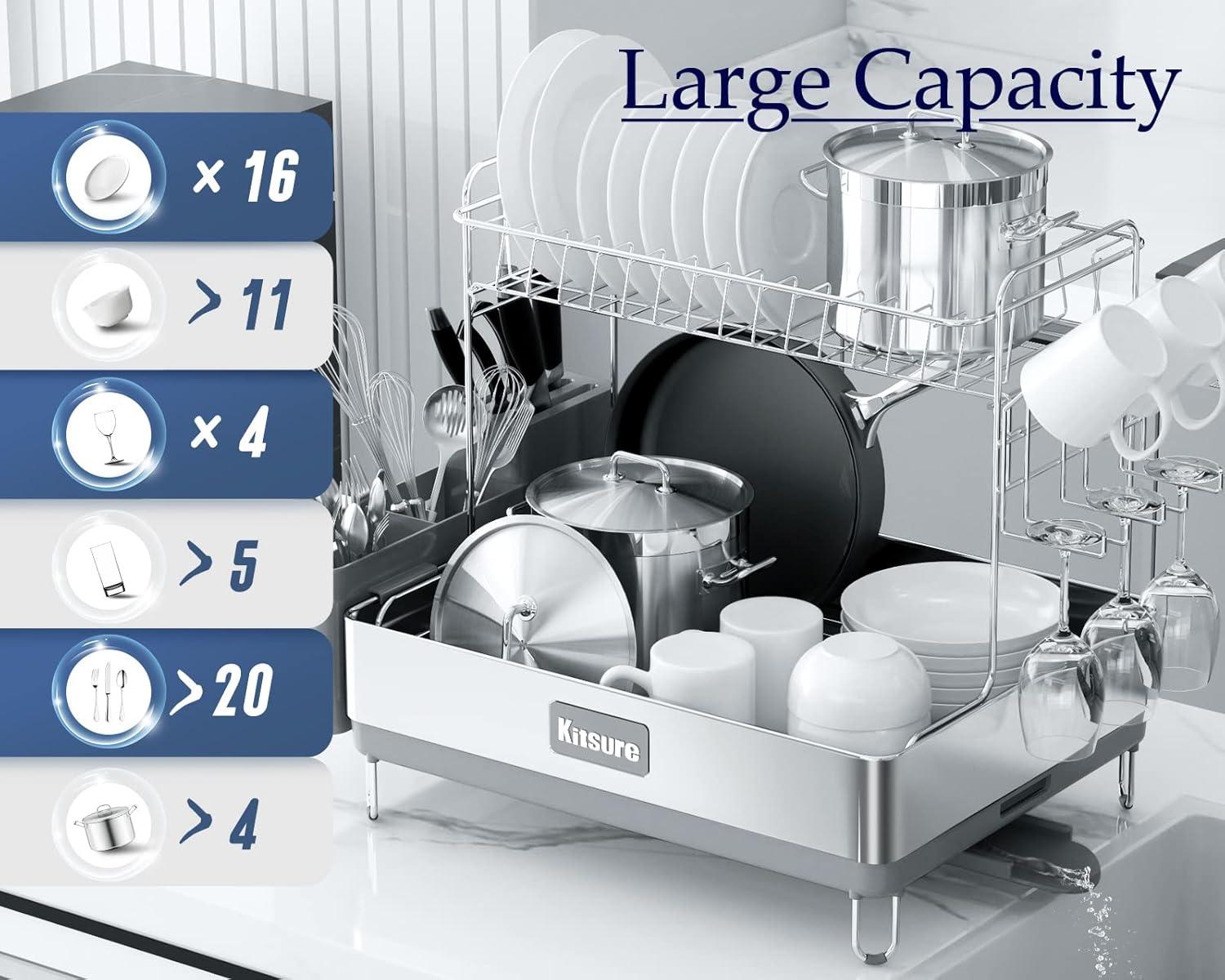 imageKitsure 2Tier Dish Rack Large Capacity Stainless Steel Dish Drying Rack with Drainboard Multifunctional Kitchen Dish Rack for Dishware