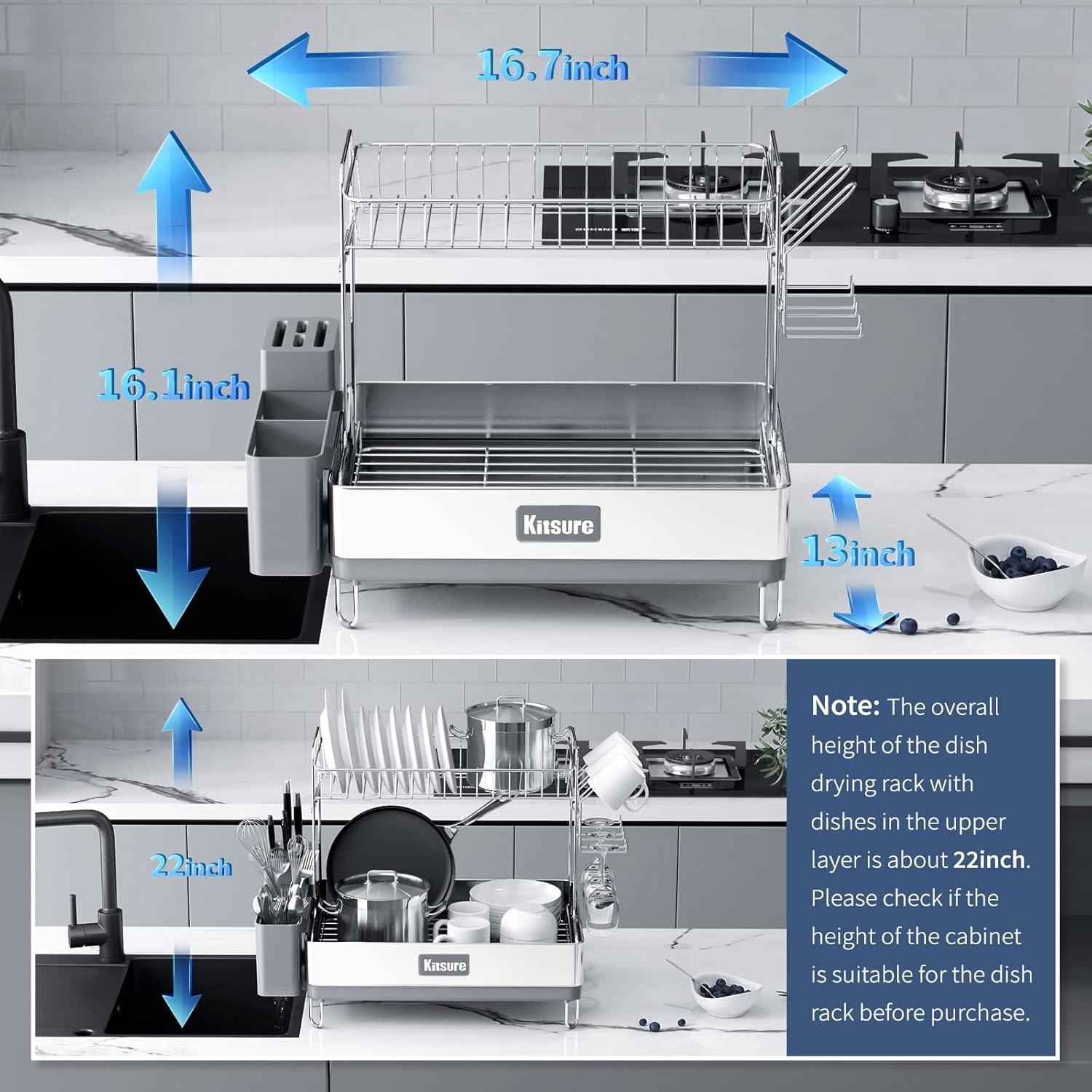 imageKitsure 2Tier Dish Rack Large Capacity Stainless Steel Dish Drying Rack with Drainboard Multifunctional Kitchen Dish Rack for Dishware