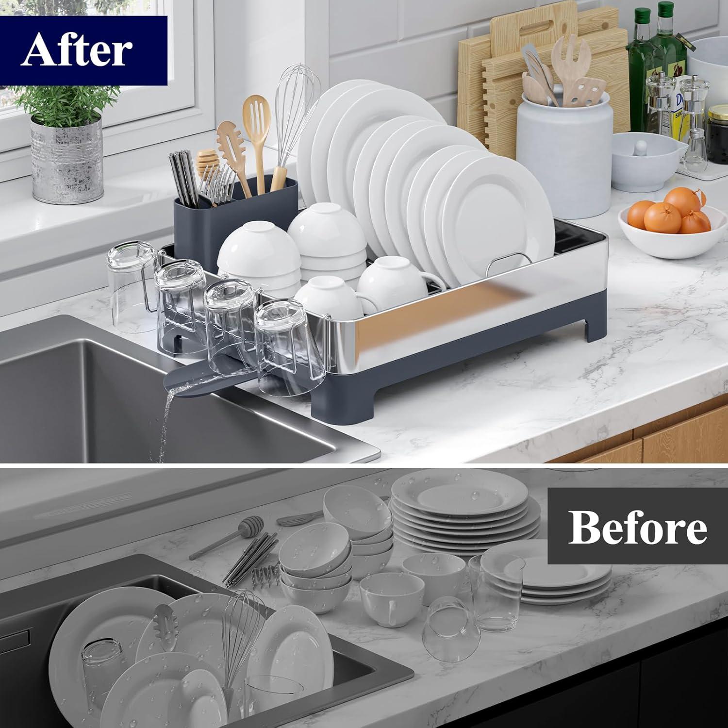 imageKitsure Dish Drying Rack SpaceSaving Dish Racks for Kitchen Counter Dish Drainer Stainless Steel Dish Drying Rack with Removable Cutlery Holder ampamp Cup Holder 126quotx176quotx45quot