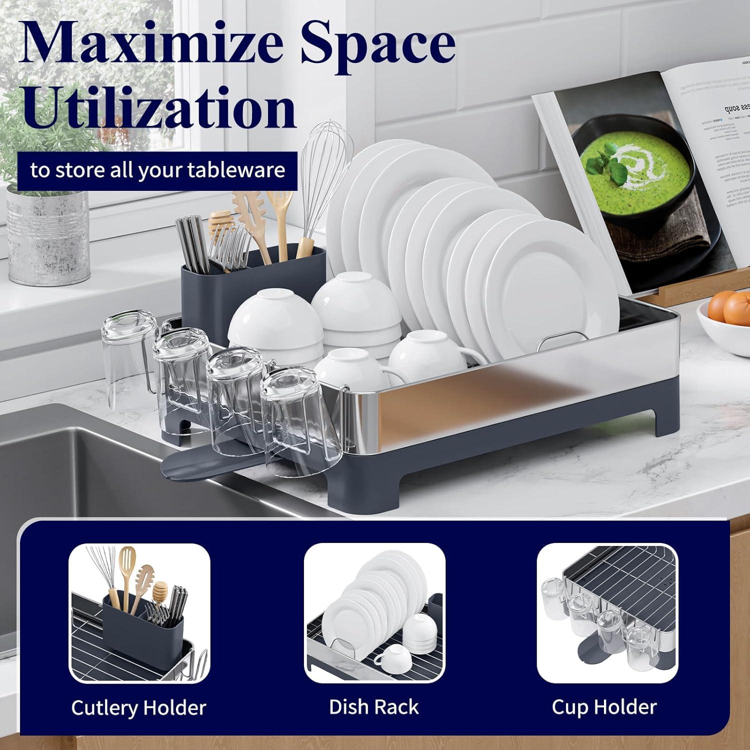 imageKitsure Dish Drying Rack SpaceSaving Dish Racks for Kitchen Counter Dish Drainer Stainless Steel Dish Drying Rack with Removable Cutlery Holder ampamp Cup Holder 126quotx176quotx45quot