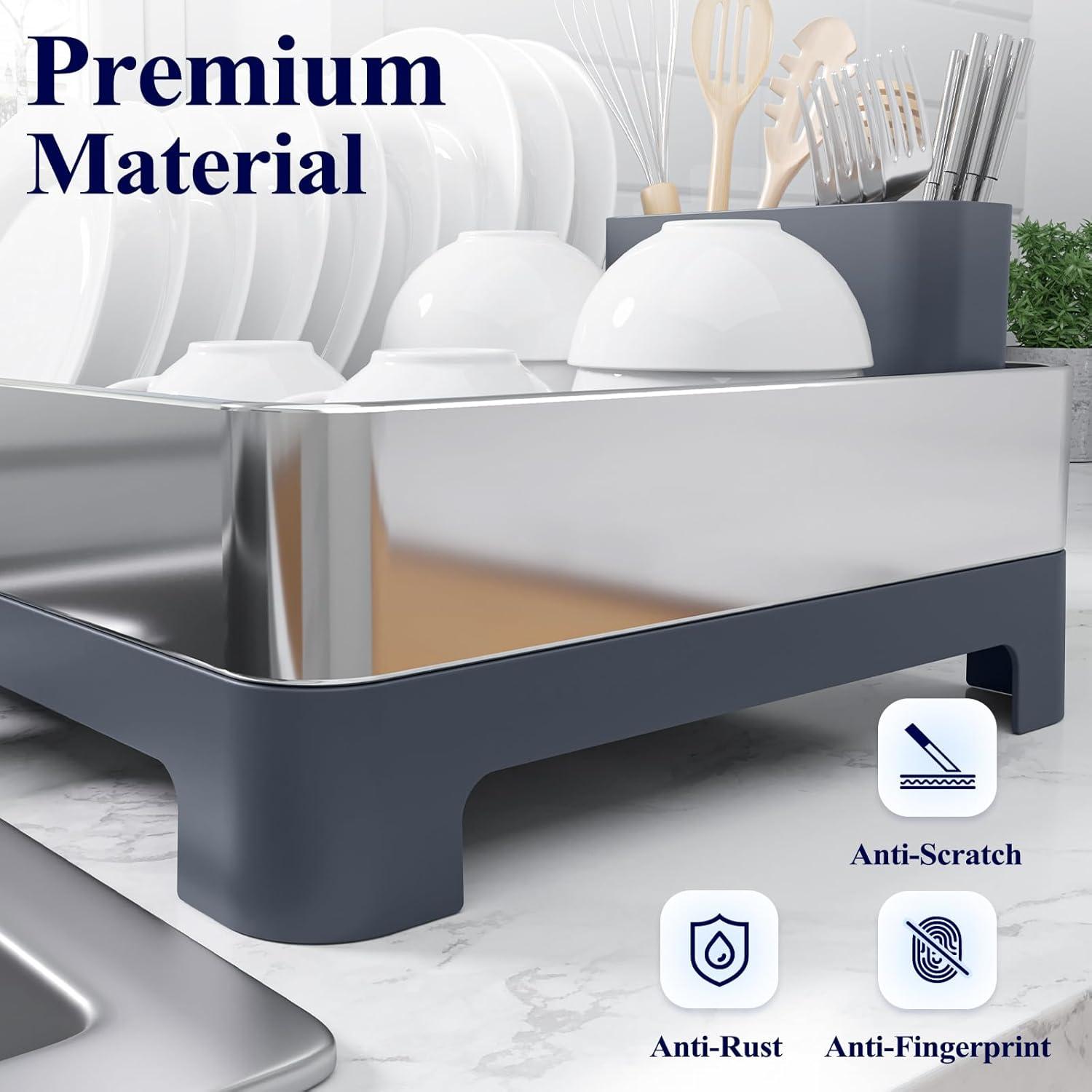 imageKitsure Dish Drying Rack SpaceSaving Dish Racks for Kitchen Counter Dish Drainer Stainless Steel Dish Drying Rack with Removable Cutlery Holder ampamp Cup Holder 126quotx176quotx45quot