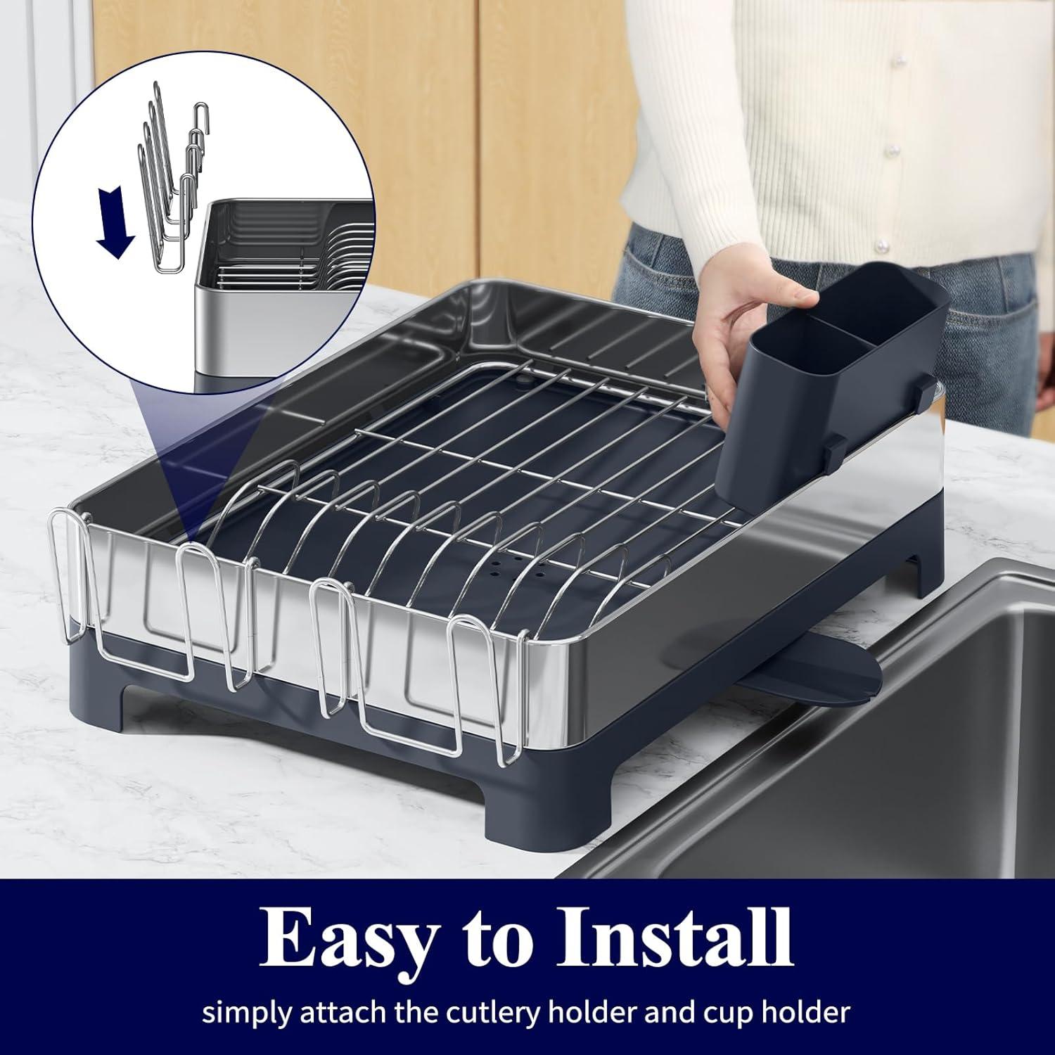 imageKitsure Dish Drying Rack SpaceSaving Dish Racks for Kitchen Counter Dish Drainer Stainless Steel Dish Drying Rack with Removable Cutlery Holder ampamp Cup Holder 126quotx176quotx45quot