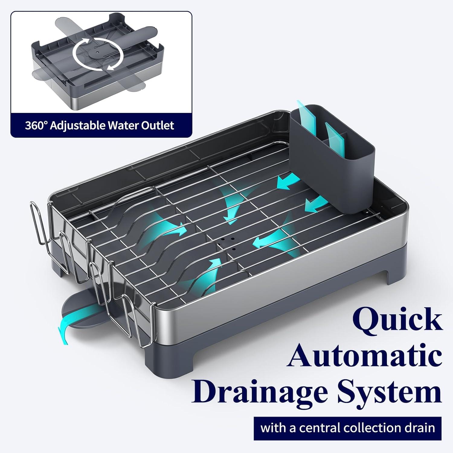 imageKitsure Dish Drying Rack SpaceSaving Dish Racks for Kitchen Counter Dish Drainer Stainless Steel Dish Drying Rack with Removable Cutlery Holder ampamp Cup Holder 126quotx176quotx45quot