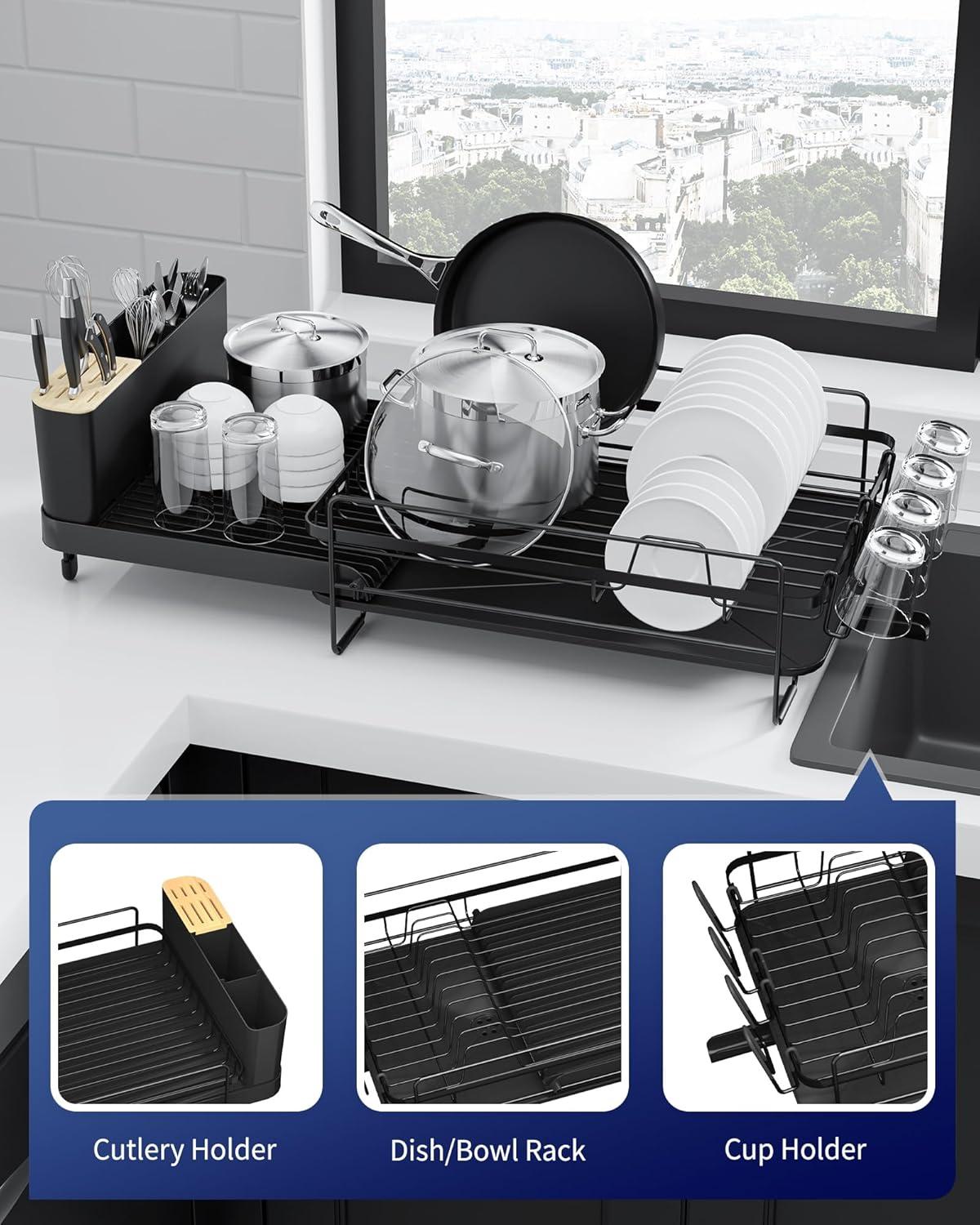 imageKitsure Large Dish Drying Rack Extendable Dish Rack Multifunctional Dish Rack for Kitchen Counter AntiRust Dish Drainers with Cutlery ampamp Cup Holders 192quot267quot L x 129quot W BlackBlack