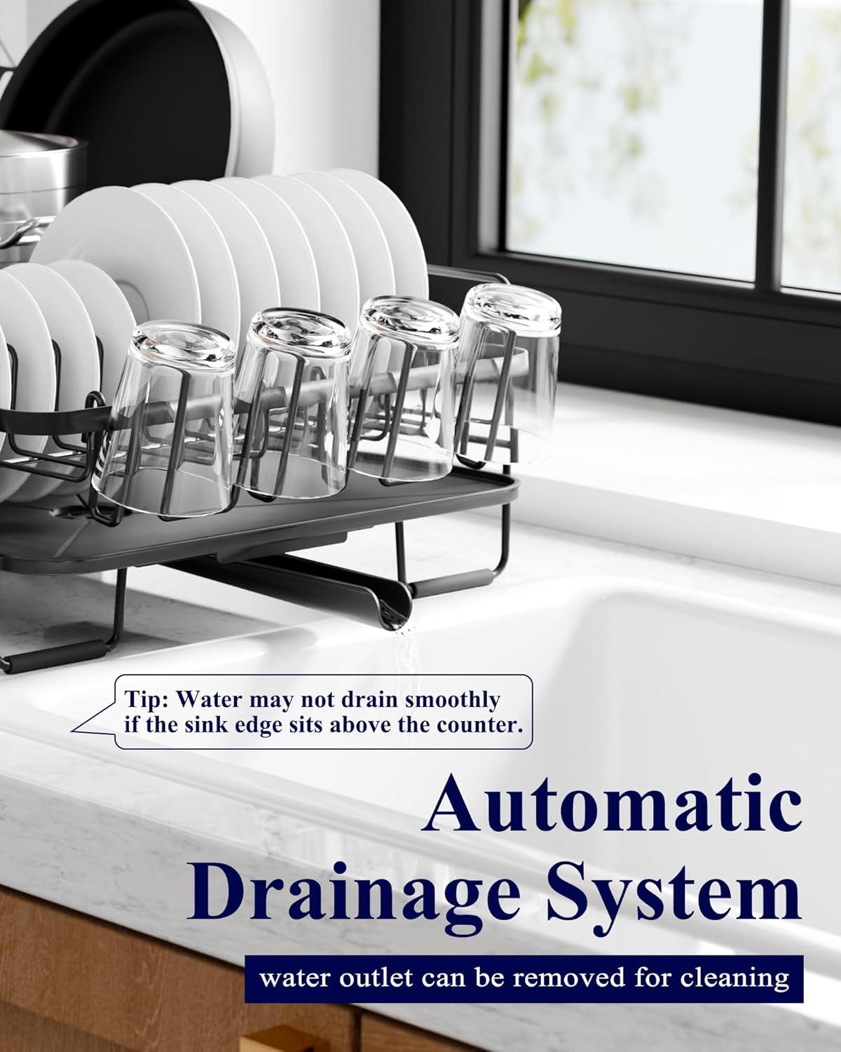 imageKitsure Large Dish Drying Rack Extendable Dish Rack Multifunctional Dish Rack for Kitchen Counter AntiRust Dish Drainers with Cutlery ampamp Cup Holders 192quot267quot L x 129quot W BlackBlack