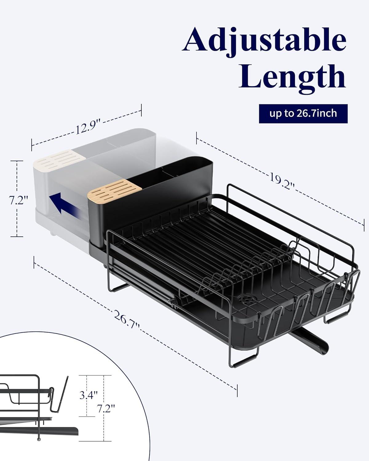 imageKitsure Large Dish Drying Rack Extendable Dish Rack Multifunctional Dish Rack for Kitchen Counter AntiRust Dish Drainers with Cutlery ampamp Cup Holders 192quot267quot L x 129quot W BlackBlack