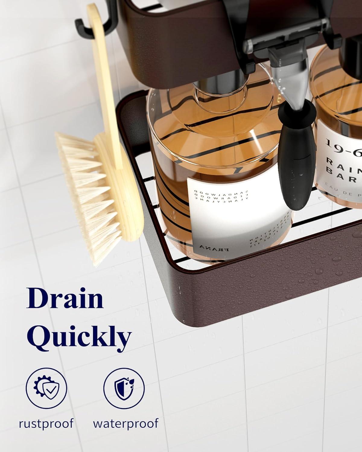 imageKitsure Large Shower Caddy 2 Pack Adhesive Shower Organizer Rustproof Stainless Steel Shelves NoDrill Bathroom Organizers and Storage BlackBrown
