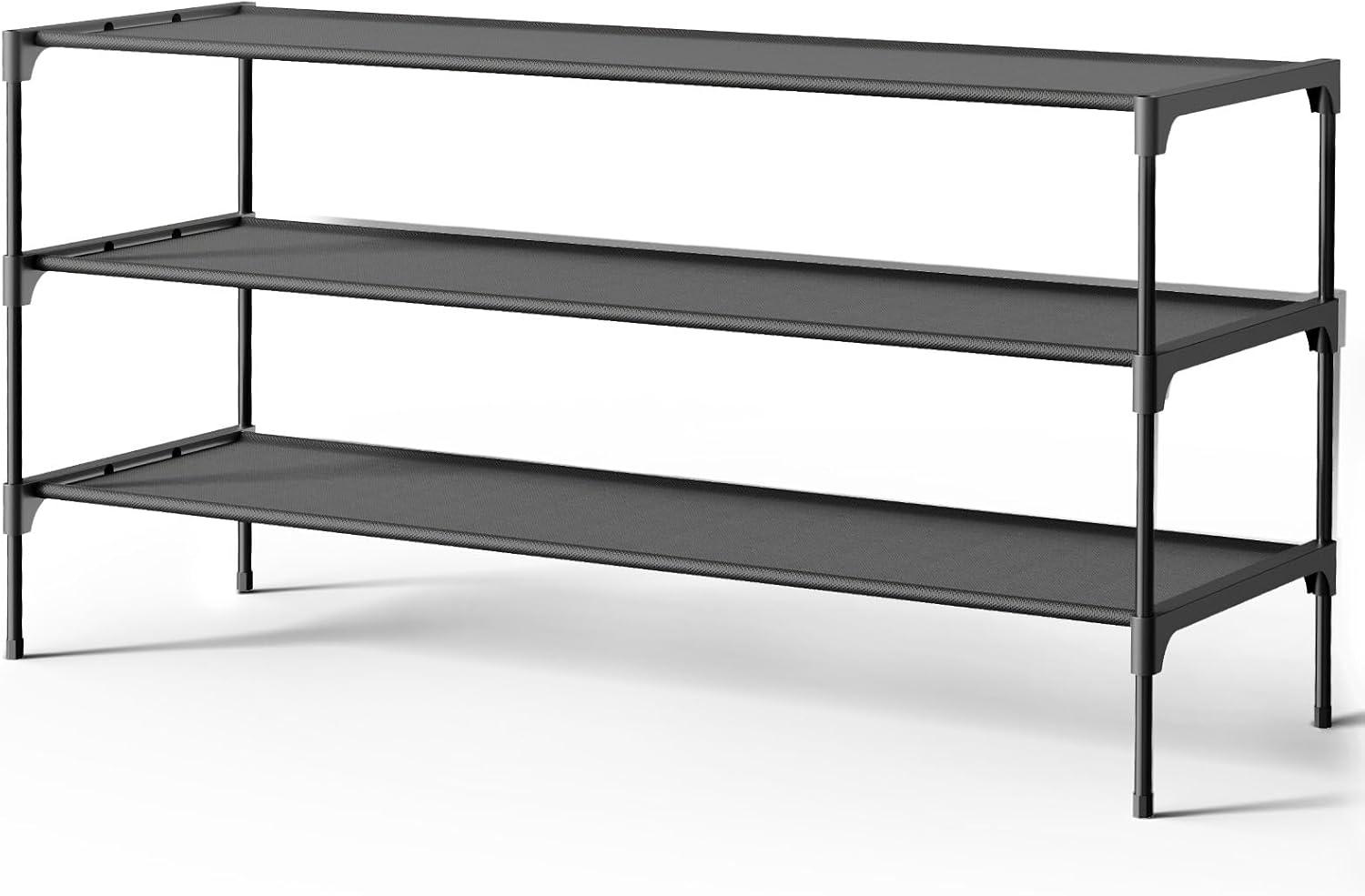 imageKitsure Shoe Rack NonWoven Shoe Rack Shelf Shoe Organizer for Closet Entryway Garage ampamp Corridor Stackable Shoe Shelves 275quot Wide 3 Tier BlackBlack