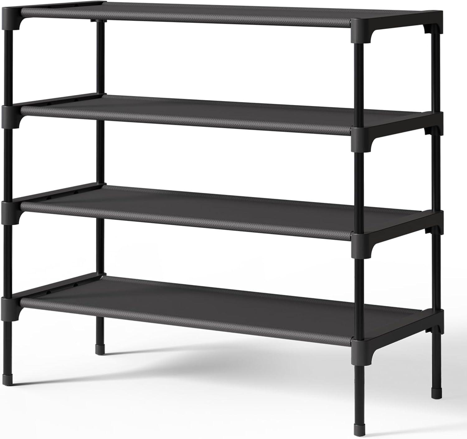 imageKitsure Shoe Rack NonWoven Shoe Rack Shelf Shoe Organizer for Closet Entryway Garage ampamp Corridor Stackable Shoe Shelves 275quot Wide 3 Tier BlackBlack