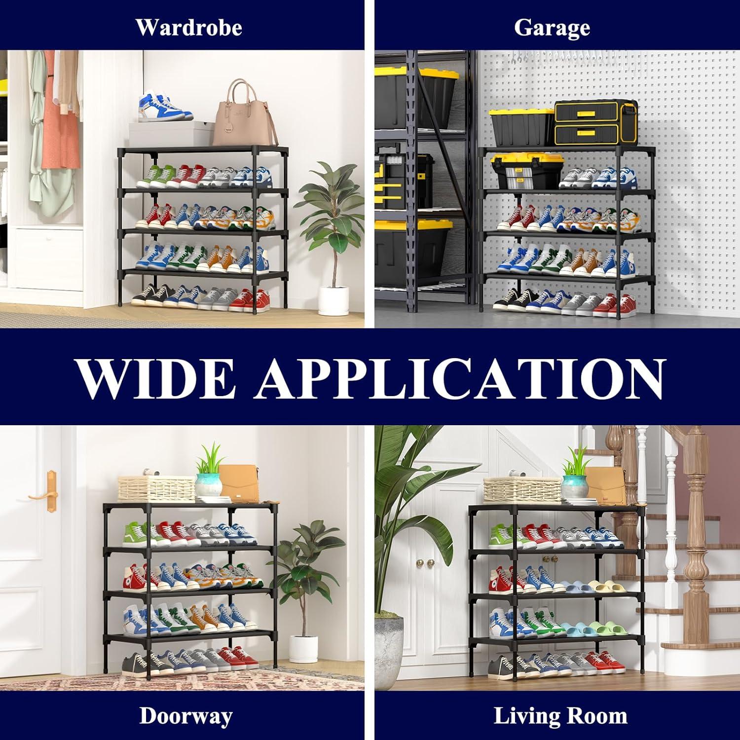 imageKitsure Shoe Rack NonWoven Shoe Rack Shelf Shoe Organizer for Closet Entryway Garage ampamp Corridor Stackable Shoe Shelves 275quot Wide 3 Tier BlackBlack