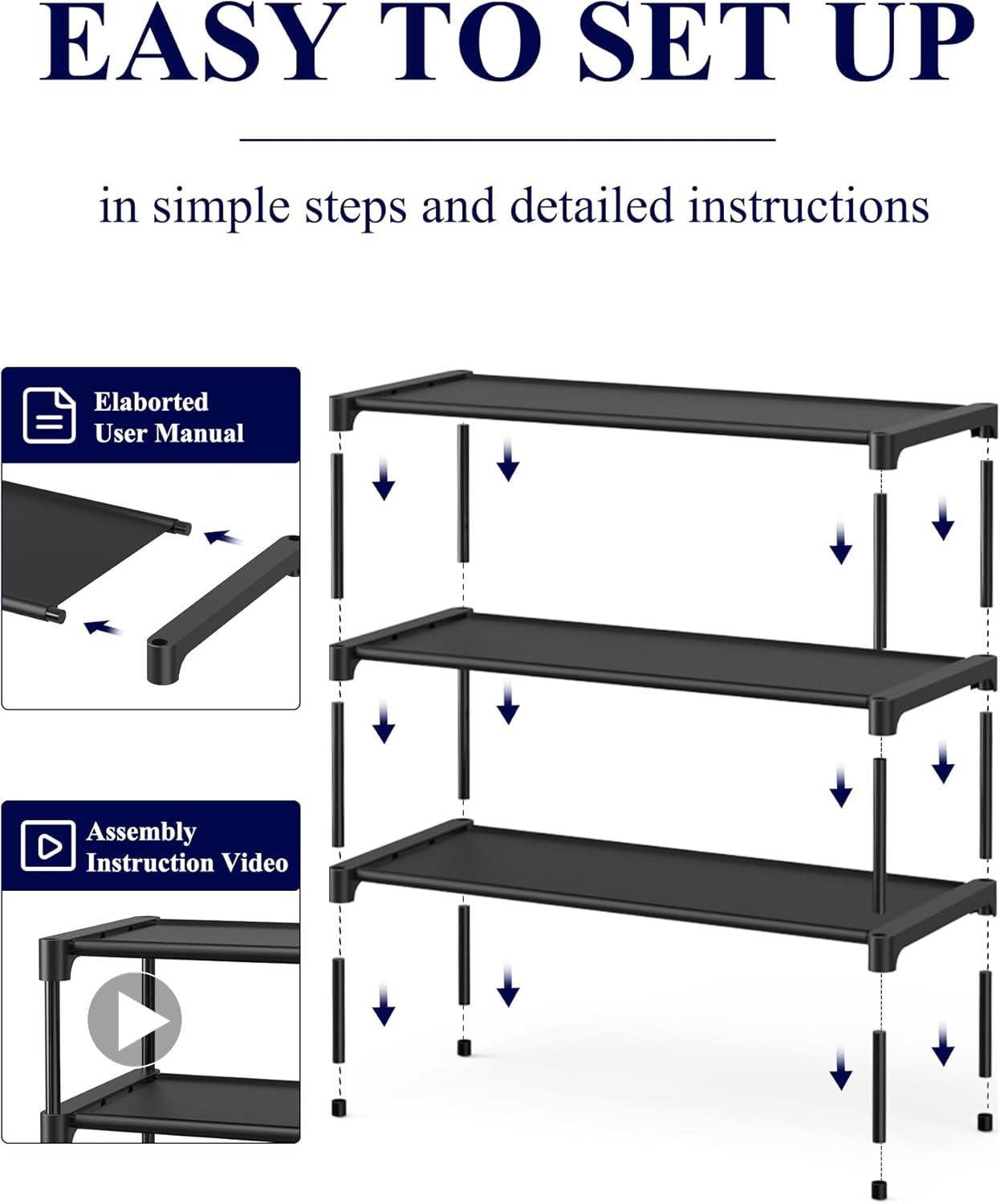 imageKitsure Shoe Rack NonWoven Shoe Rack Shelf Shoe Organizer for Closet Entryway Garage ampamp Corridor Stackable Shoe Shelves 275quot Wide 3 Tier BlackBlack