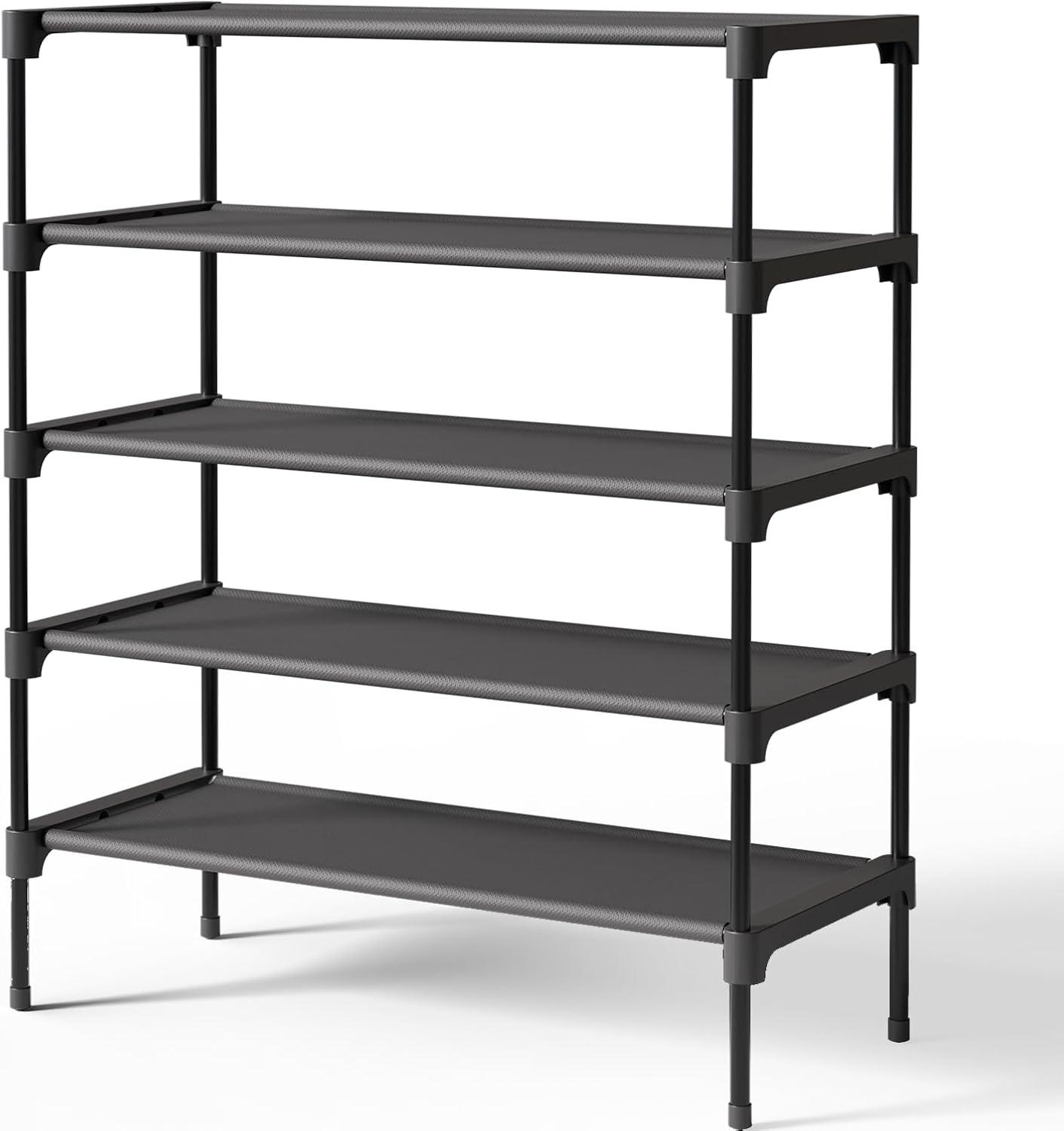 imageKitsure Shoe Rack NonWoven Shoe Rack Shelf Shoe Organizer for Closet Entryway Garage ampamp Corridor Stackable Shoe Shelves 275quot Wide 3 Tier BlackBlack