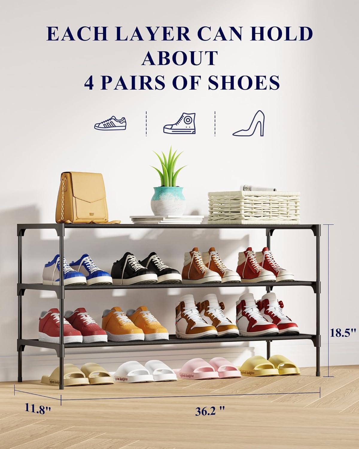 imageKitsure Shoe Rack NonWoven Shoe Rack Shelf Shoe Organizer for Closet Entryway Garage ampamp Corridor Stackable Shoe Shelves 275quot Wide 3 Tier BlackBlack