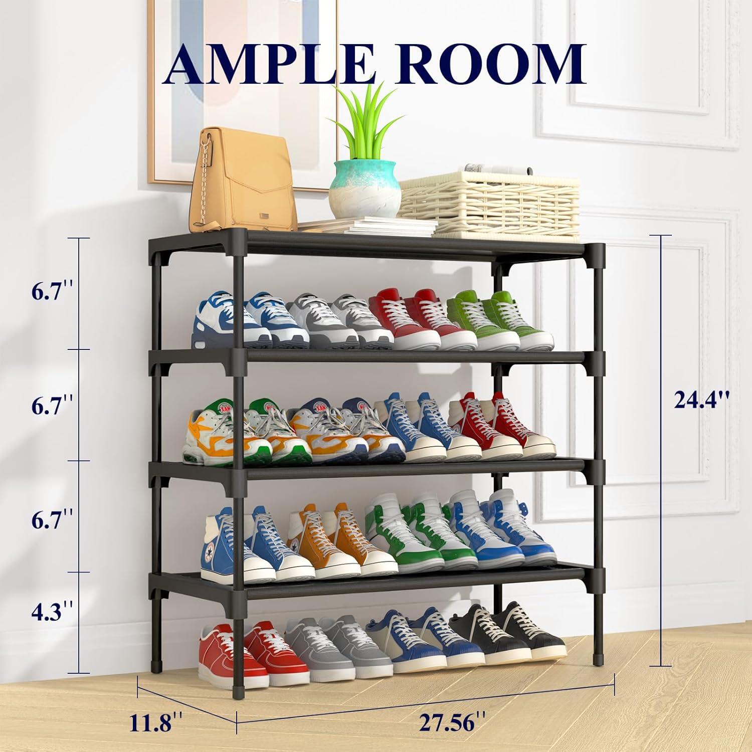 imageKitsure Shoe Rack NonWoven Shoe Rack Shelf Shoe Organizer for Closet Entryway Garage ampamp Corridor Stackable Shoe Shelves 275quot Wide 3 Tier BlackBlack