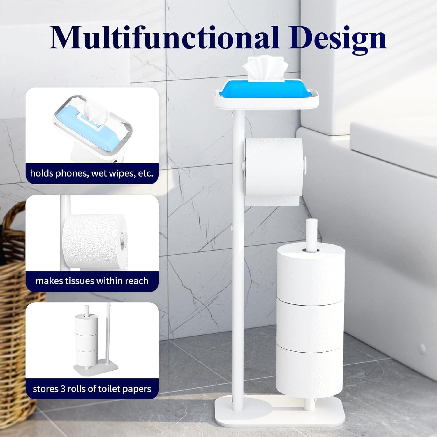 imageKitsure Toilet Paper Holder Free Standing Rustproof Metal Toilet Paper Stand for 4 Rolls with AntiSlip Base and Shelf for Phone ampamp Small Items Bathroom Organizers and Storage Medium BlackWhite