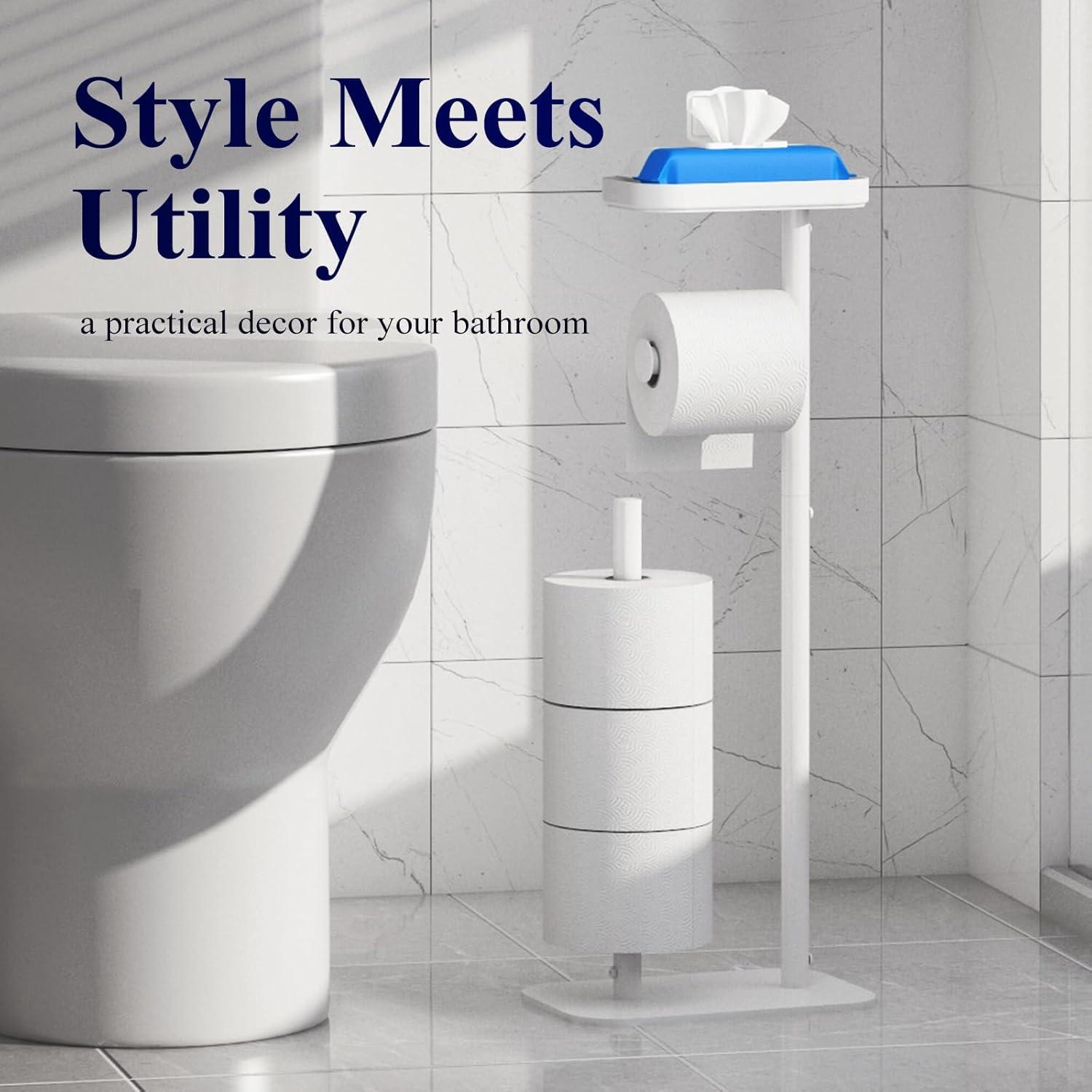 imageKitsure Toilet Paper Holder Free Standing Rustproof Metal Toilet Paper Stand for 4 Rolls with AntiSlip Base and Shelf for Phone ampamp Small Items Bathroom Organizers and Storage Medium BlackWhite