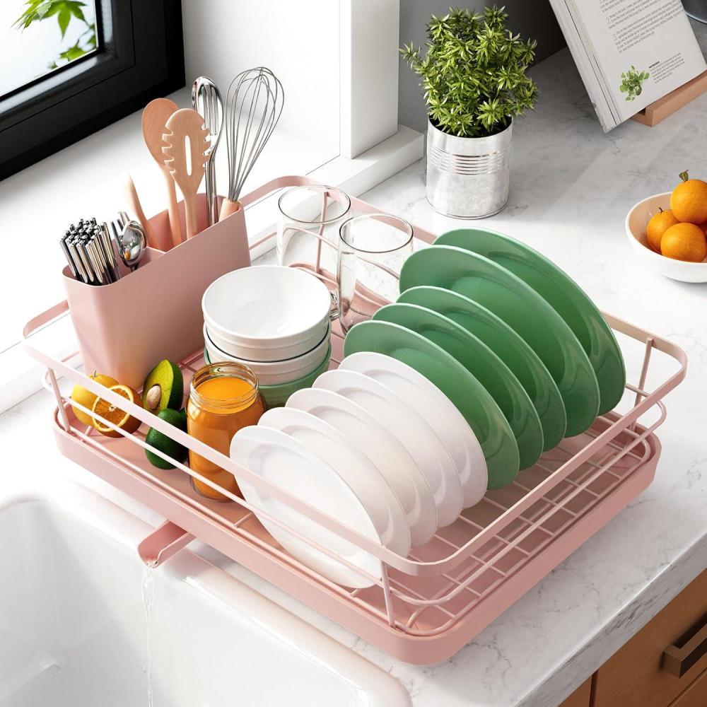 imageKitsure Dish Drying Rack for Kitchen Counter Stainless Steel Sink Organization and Storage Essentials with Cutlery Holder Home and Appartment Decor 12W x 155L BlackPink