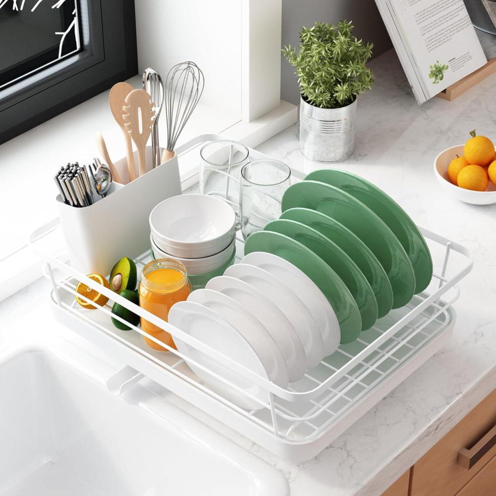 imageKitsure Dish Drying Rack for Kitchen Counter Stainless Steel Sink Organization and Storage Essentials with Cutlery Holder Home and Appartment Decor 12W x 155L BlackWhite