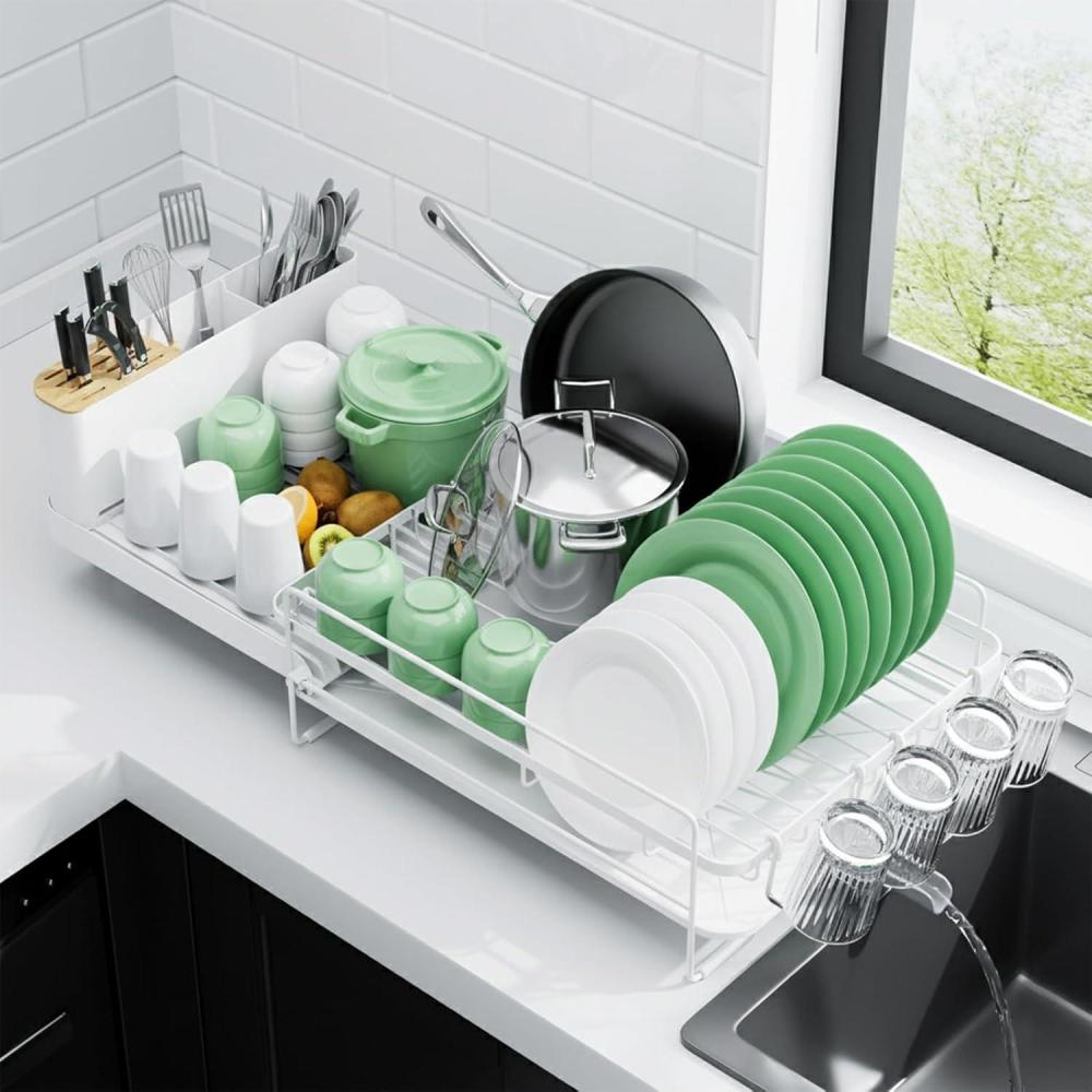 imageKitsure Extendable Dish Drying Rack Large Drying Dish Rack with Cutlery ampamp Cup Holders Multifunctional Dish Racks for Counter with Drainage 182quot257quot L x 129quot W GreyWhite