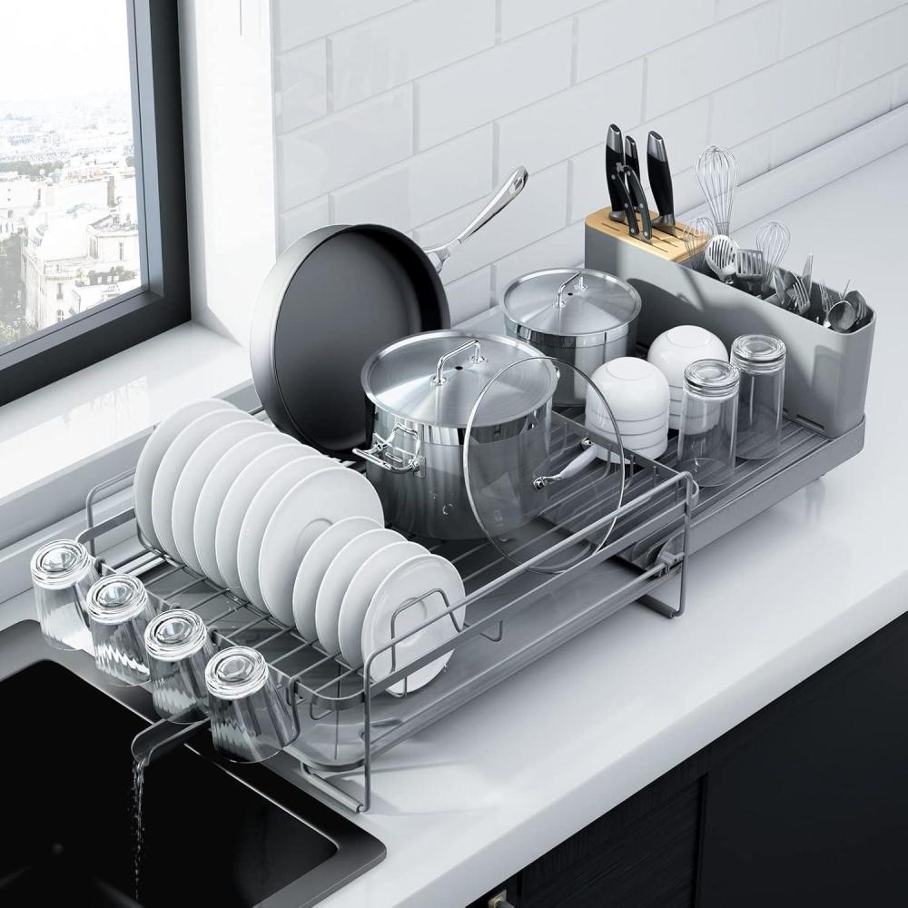 imageKitsure Large Dish Drying Rack Extendable Dish Rack Multifunctional Dish Rack for Kitchen Counter AntiRust Dish Drainers with Cutlery ampamp Cup Holders 192quot267quot L x 129quot W BlackGray