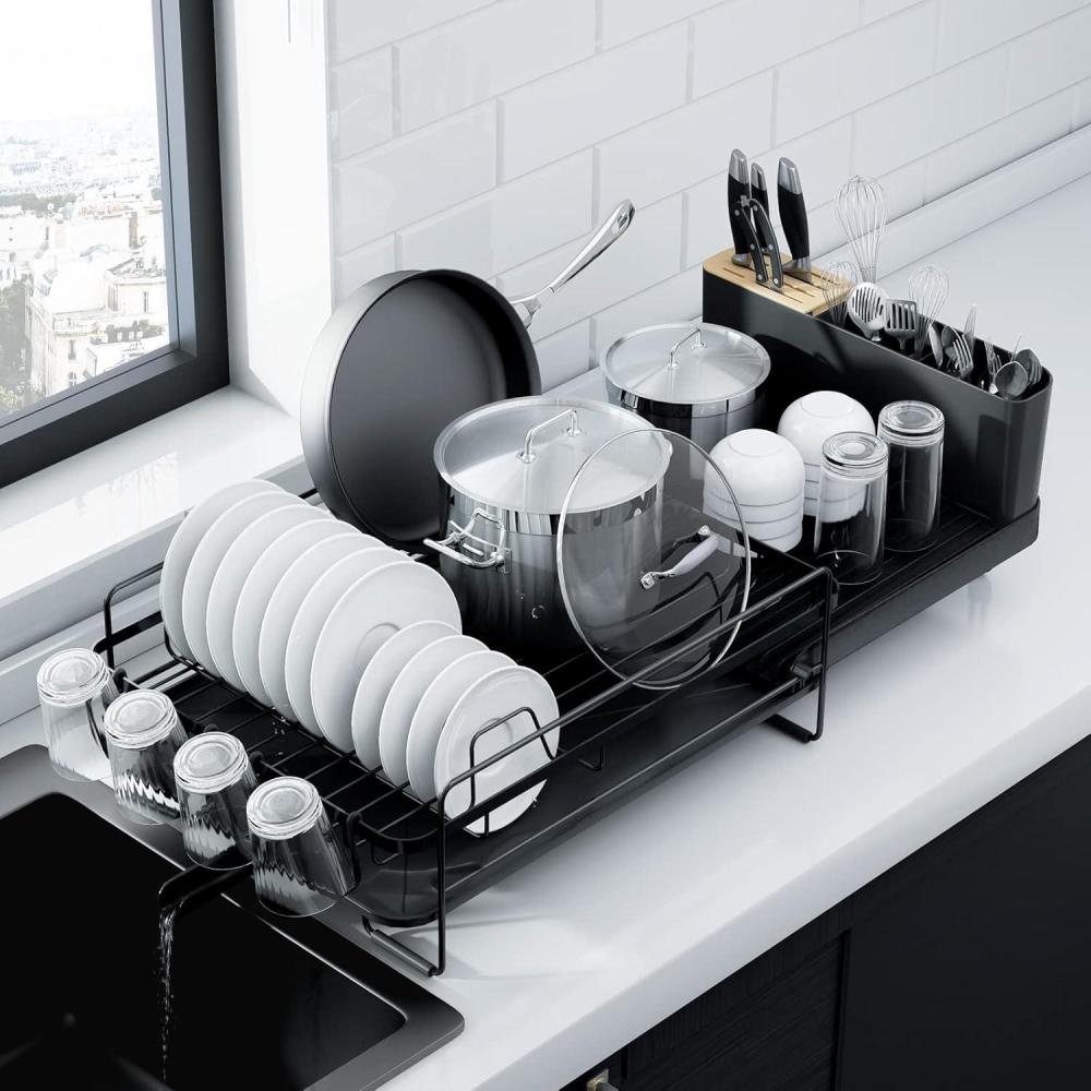 imageKitsure Large Dish Drying Rack  Extendable Dish Rack Multifunctional Dish Rack for Kitchen Counter AntiRust Dish Drainers with Cutlery ampamp Cup Holders 192quot267quot L x 129quot W BlackBlack