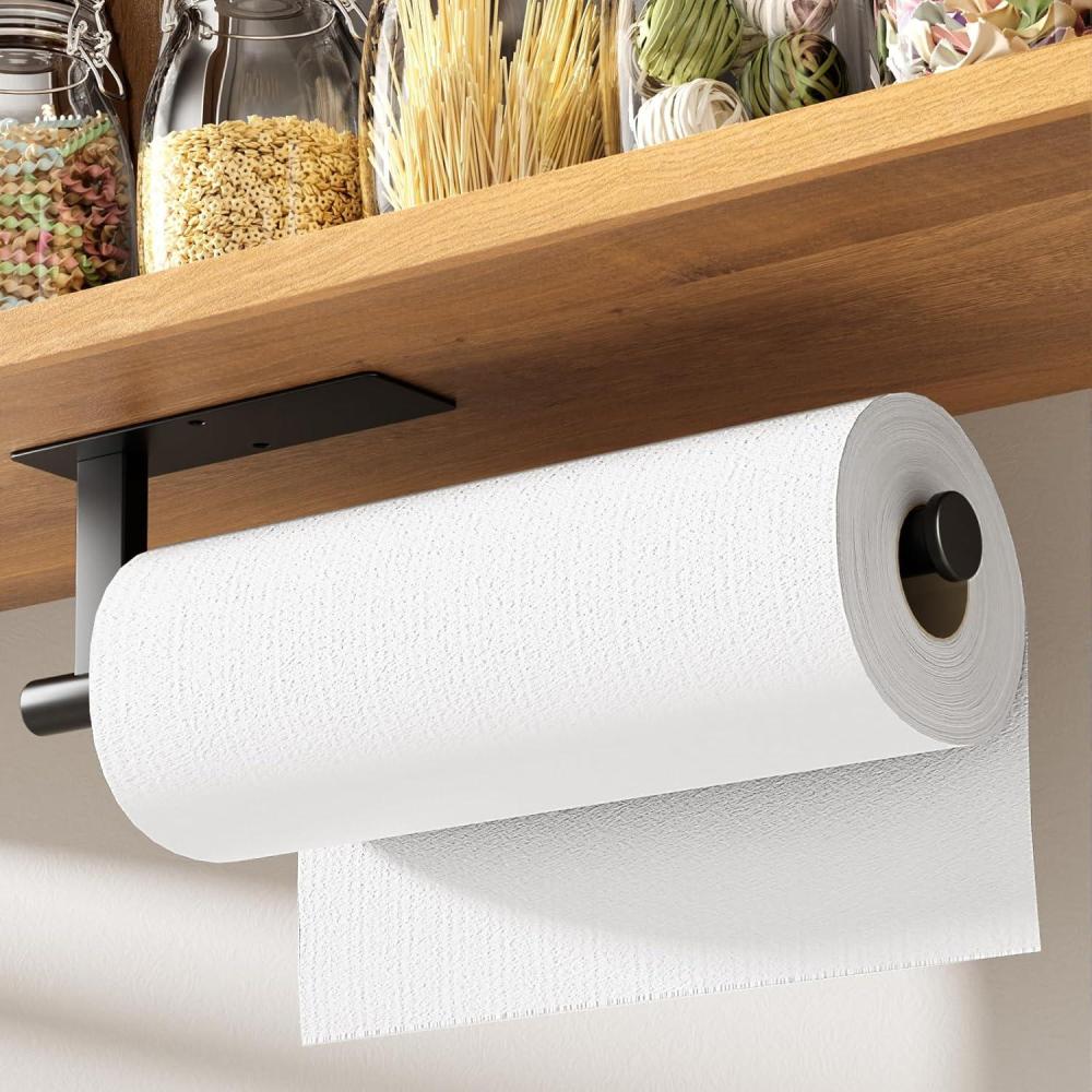 imageKitsure Paper Towel Holder Under Cabinet  Sturdy 304 Stainless Steel Kitchen Paper Towel Holder Wall Mount Drilling or Self Adhesive Paper Towel Holder for Kitchen Bathroom Black 1 pack US489