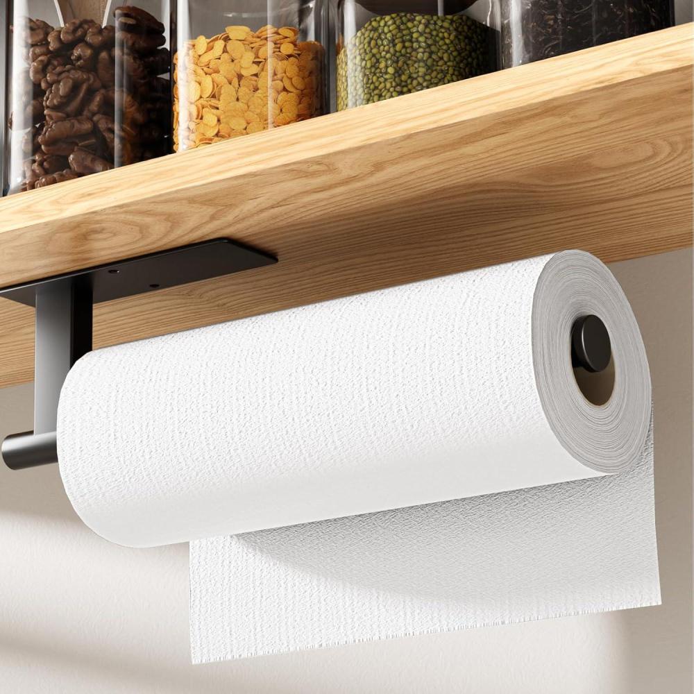 imageKitsure Paper Towel Holder Under Cabinet Sturdy 304 Stainless Steel Kitchen Paper Towel Holder Wall Mount Drilling or Self Adhesive Paper Towel Holder for Kitchen BathroomMatte Black