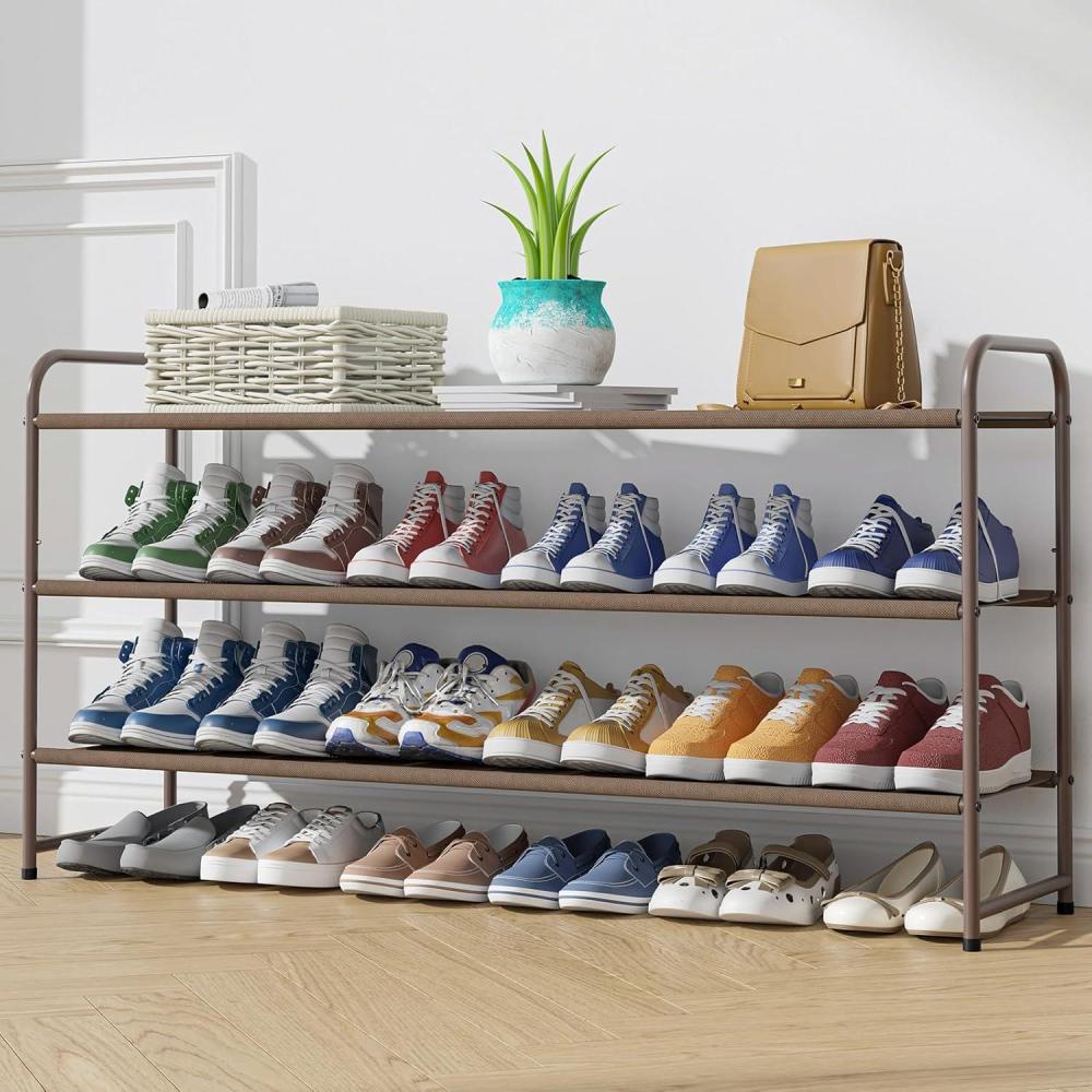 imageKitsure Shoe Rack for Entryway Sturdy ampamp Durable Long Stackable Shoe Organizer for Closet 3Tier SpaceSaving Metal Shoe Shelf for up to 24 Pairs for Garage ampamp Corridor Brown