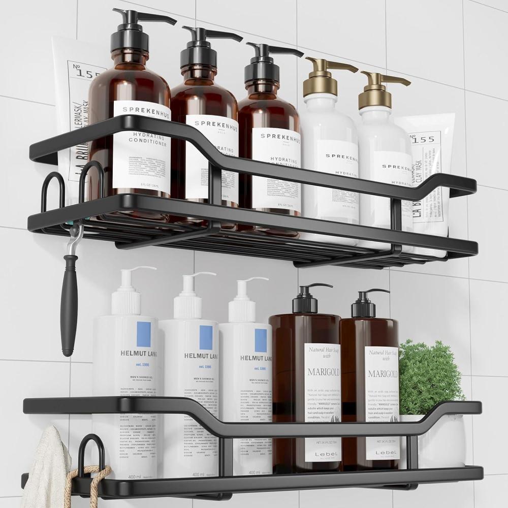 imageKitsure Shower Caddy  2 Pack No Drilling Shower Organizer with 8 Hooks Rustproof Stainless Steel Shower Shelf for Inside Shower Wall Mounted Shower Rack for Bathroom Kitchen BlackBlack