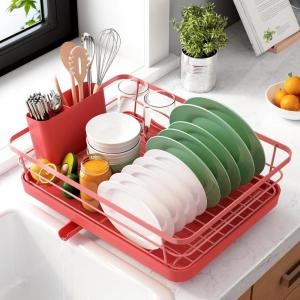 Kitsure Dish Drying Rack for Kitchen Counter, Stainless Steel Sink Organization and Storage Essentials with Cutlery Holder, Home and Appartment Decor, 12”W x 15.5”L, Black(Red)