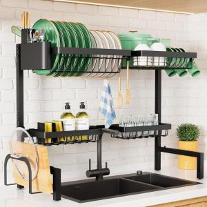 Kitsure Over The Sink Dish Drying Rack – 30.0″ to 33.9″ x 21.5″, Adjustable Sink Drying Rack for Kitchen Sink with Multifunctional Baskets, Black(Black)