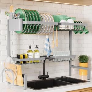 Kitsure Over The Sink Dish Drying Rack – 30.0″ to 33.9″ x 21.5″, Adjustable Sink Drying Rack for Kitchen Sink with Multifunctional Baskets, Black(Gray)