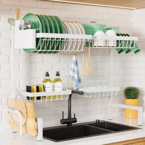 Kitsure Over The Sink Dish Drying Rack – 30.0″ to 33.9″ x 21.5″, Adjustable Sink Drying Rack for Kitchen Sink with Multifunctional Baskets, Black(White)