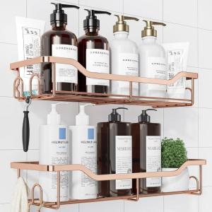 Kitsure Shower Caddy – 2 Pack, No Drilling Shower Organizer with 8 Hooks, Rustproof Stainless Steel Shower Shelf for Inside Shower, Wall Mounted Shower Rack for Bathroom, Kitchen, Black(Rose Gold)