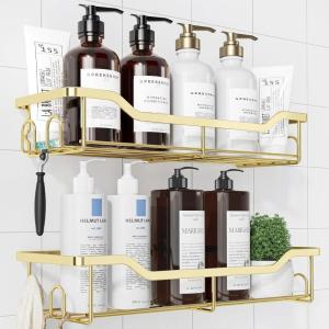 Kitsure Shower Caddy – 2 Pack, No Drilling Shower Organizer with 8 Hooks, Rustproof Stainless Steel Shower Shelf for Inside Shower, Wall Mounted Shower Rack for Bathroom, Kitchen, Black(Gold)