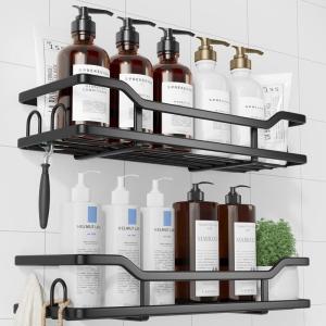 Kitsure Shower Caddy – 2 Pack, No Drilling Shower Organizer with 8 Hooks, Rustproof Stainless Steel Shower Shelf for Inside Shower, Wall Mounted Shower Rack for Bathroom, Kitchen, Black(Black)