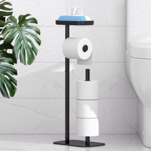 Kitsure Toilet Paper Holder Free Standing – Rustproof Metal Toilet Paper Stand for 4 Rolls with Anti-Slip Base and Shelf for Phone & Small Items, Bathroom Organizers and Storage, Medium, Black(Black)